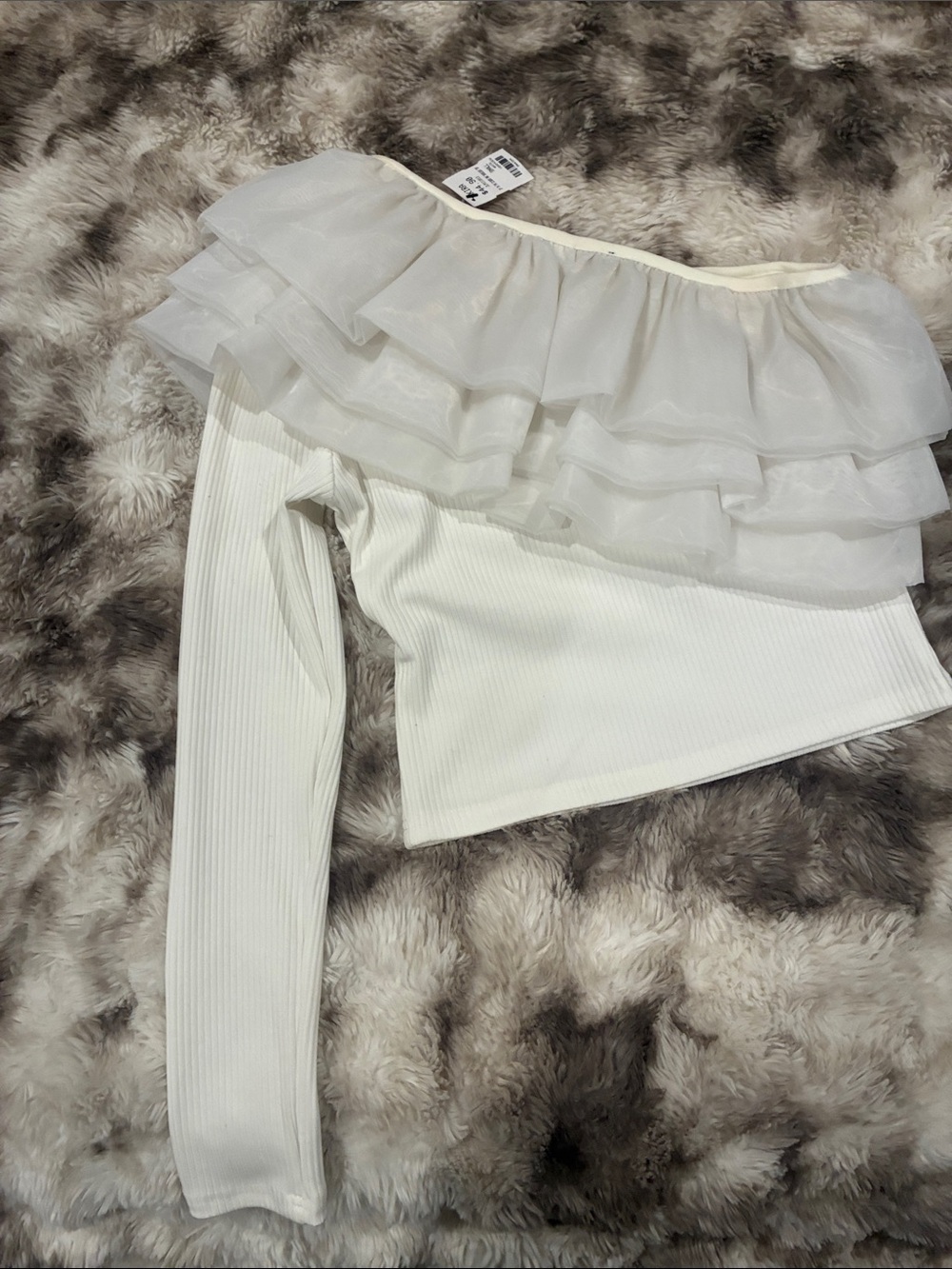 AKIRA White One-Shoulder Ruffle Ribbed Crop Top - Picture 6 of 6